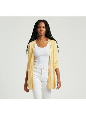 Chico's Sunny Yellow Open-Front Cotton Blend Long line Cardigan 3/4 Sleeves Ribb